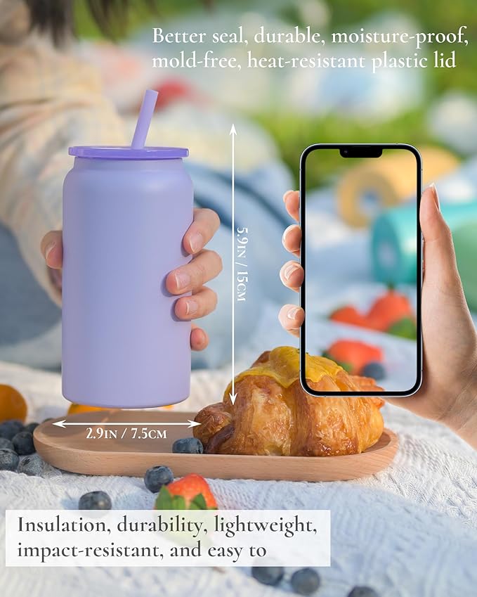 16oz Glass Cups With Lids and Straws, Stainless Steel Beer and Iced Coffee Cup, Smoothie Drinking Cup, Purple (Textured Matte Finish, Not Sublimatable)