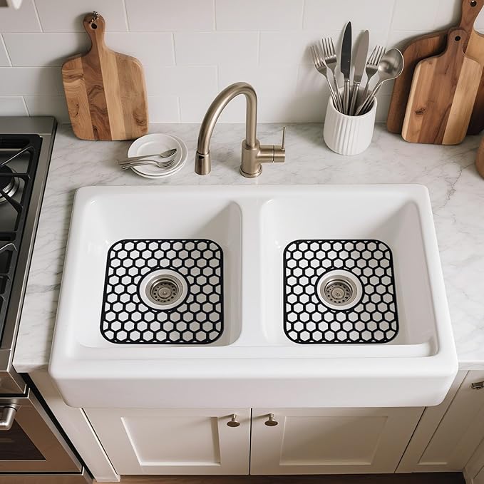 Bestjing 2 Pack Silicone Sink Protectors for Kitchen Sink - 12" x 11" Kitchen Grid Accessory, Non-Slip Heat-Resistant Mat for Bottom of Porcelain Stainless Steel, Dishwasher Safe (Black)