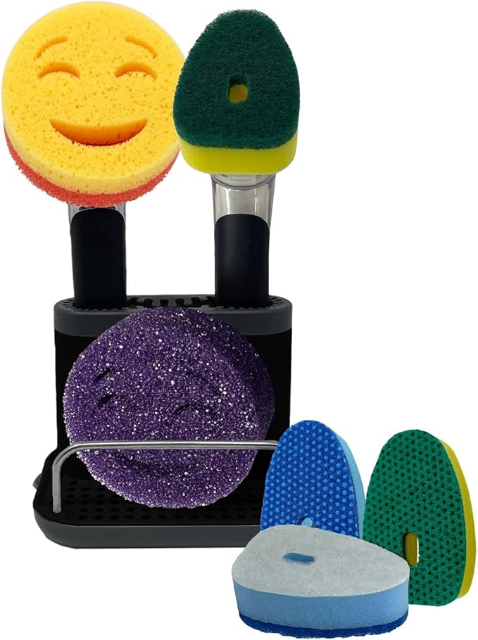 The Original Smiling Handle with Soap Dispensing for The Smiling Sponge with Smilyeez Caddy, Dishwand with Sponges, and 2 Scrub Mojis (Black)