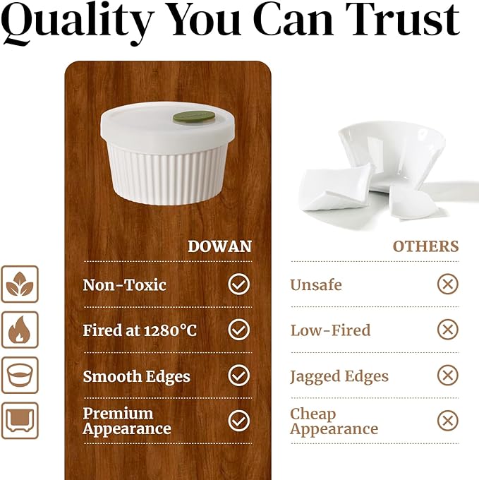 DOWAN Ramekins with lids 4 oz, Creme Brulee Ramiken Oven Safe, Ceramic Baking Bowls Souffle Dishes, Custard Cups Charcuterie Boards Bowls Dipping Sauces, Set of 6, White