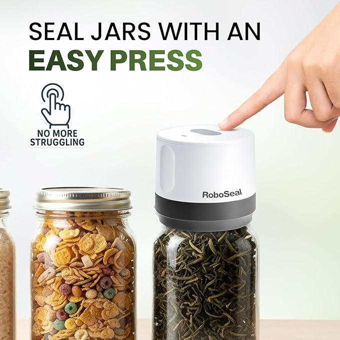 RoboSeal Electric Mason Jar Vacuum Sealer Kit with 10 Lids, Works on Wide & Regular Mouth for Canning Food, Auto Stop One Touch Operation, Digital Battery Indicator, Jar Opener Included