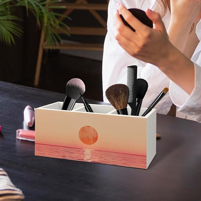 Minimalist Ocean Sunset Wooden Utensils Holder, Pink and Orange Abstract Coastal Nature Seascape Wood Cooking Utensil Holder Organizer for Kitchen Countertop Counter Decor Accessories