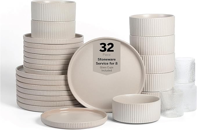 Stone Lain Haven Stoneware 32-Piece Dinnerware Set, Plates and Bowls Sets for 8, Dish Set, Includes Dinner and Salad Plates, Cereal Bowls, Glassware, Microwave & Dishwasher Safe, Beige