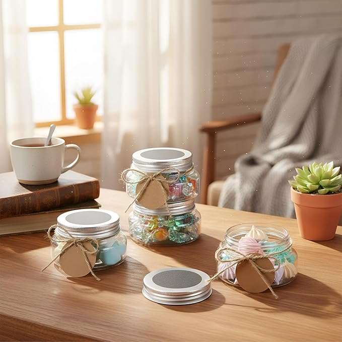 50 Set Mason Jars with Lids, 5 oz Mini Jam Wide Mouth Jars with Labels Stickers and String, Small Plastic Bottles for Canning Jelly Spice Herbs Honey Storage Wedding Party Favors
