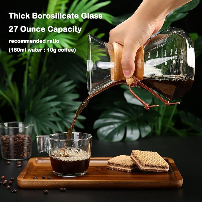 Lalord Pour Over Coffee Maker with Reusable Stainless Steel Filter, 27 oz Borosilicate Glass Coffee Carafe, Wooden Collar, Coffee Maker Carafe, Hold 4-6 Cups, 800 ml, Clear