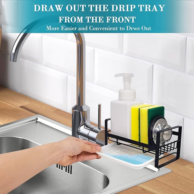 VANTEN Kitchen Sink Caddy Sponge Holder Organizer, Sink Tray Drainer Rack, Soap Dish Dispenser Brush Holder Storage Accessories - Countertop or Adhesive Wall Mount, Matte Black Stainless Steel