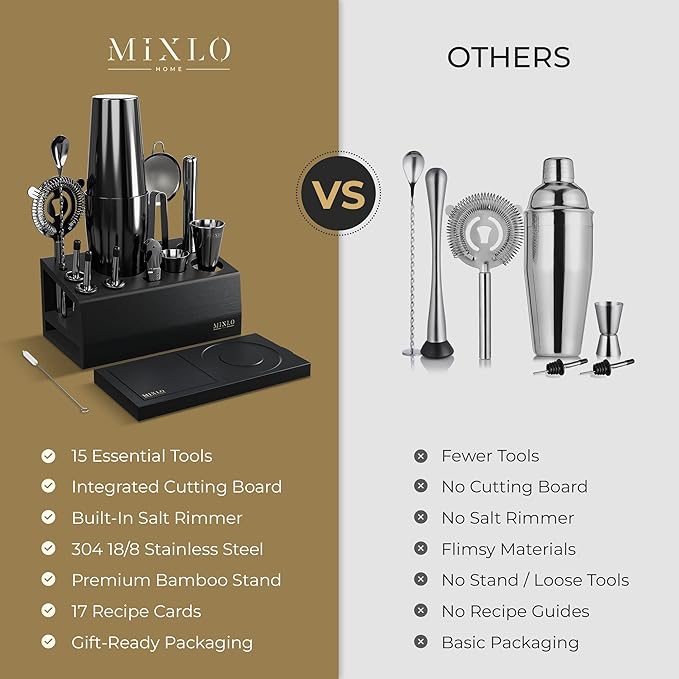 Mixology Bartender Kit - 15Pcs Bar Set Cocktail Shaker Set w Black Bar Cart Accessories Stand - Shakers Bartending Gun Metal Black Tools, 24oz Shaker, 17 Recipe Cards, Martini Barware