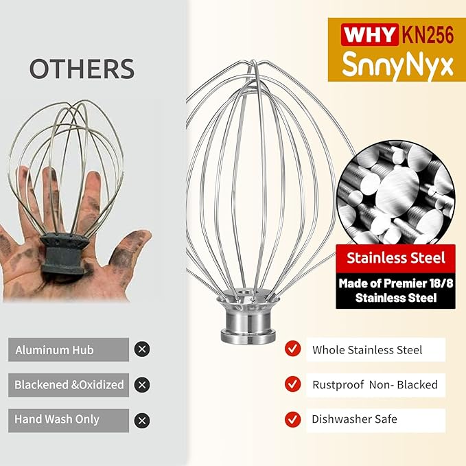 KN256WW 6 Wire Whip Attachment for KitchenAid 5 5.5 6 Quart Bowl Lift Stand Mixer, Dishwasher Safe, All Stainless Steel Balloon Whisk, 6 Wire whip for Kitchenaid KSM55,5KSM60, KP26/KP26/KL26