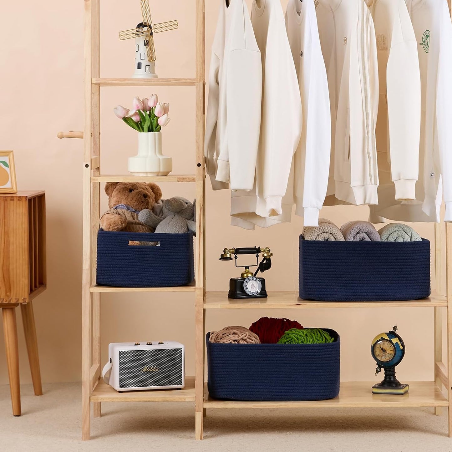 Large Storage Baskets for Shelves, Closet Organizers Bins for Clothes Blanket Towels, Baby Nursery, Toy Baskets Box, Woven Rope Baskets, 17 x 13 x 7.5”, 3 Packs Navy Blue