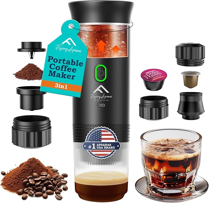 APSARAS USA Portable Coffee Maker for Travel, Portable Espresso Maker, 20 bar Mini Espresso Machine, 3in1 Travel Coffee Maker with Ground Coffee & Capsule(Ns&DG) for RV, Camping, Car