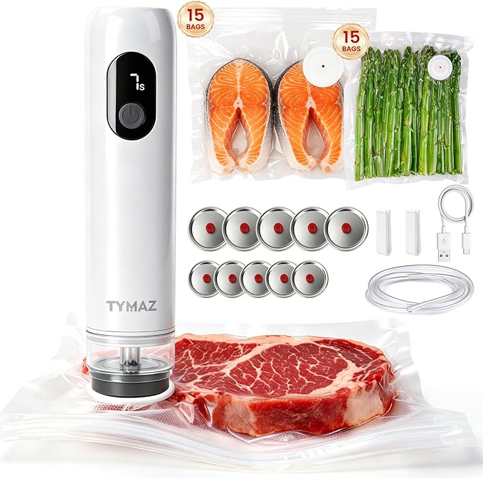 Electric Handheld Vacuum Sealer for Food: 41-PC Kit with 30 Reusable Bags & 10 Mason Jar Valve Lids, Portable Cordless Vacuum Sealer Machine for Kitchen, Meal Prep, RV Camping & Sous Vide