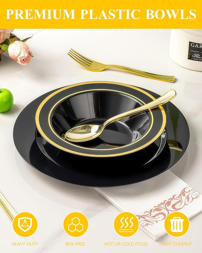 200 Pack Black Disposable Bowls with Gold Rim, 12oz Black Plastic Soup Bowls for Party, Wedding, Holiday,And Halloween