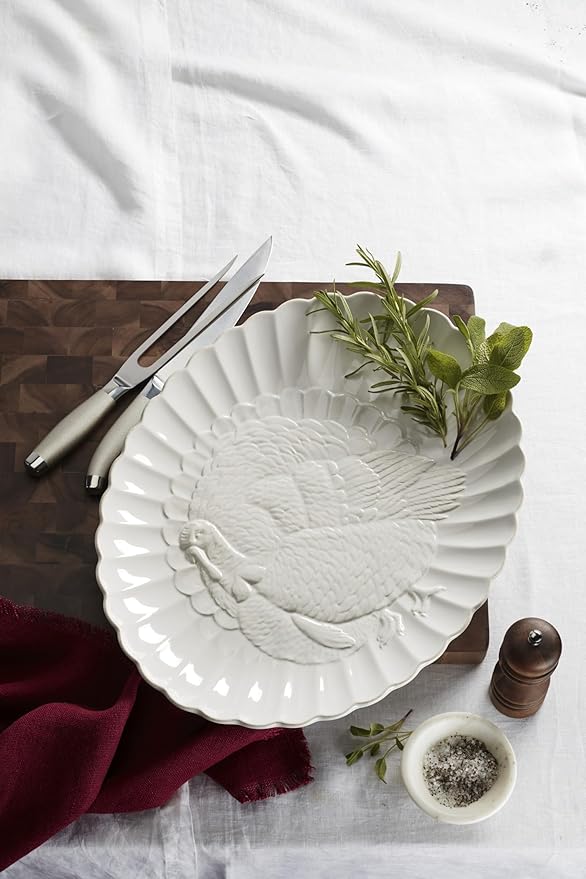 Lenox Serveware, Lenox French Perle Carved Turkey Platter, Scalloped, Oval, 18-Inch, Stoneware, Dishwasher Safe, Turkey Platter for Thanksgiving, Winter Hosting, Christmas Serving (White, 1 Piece)