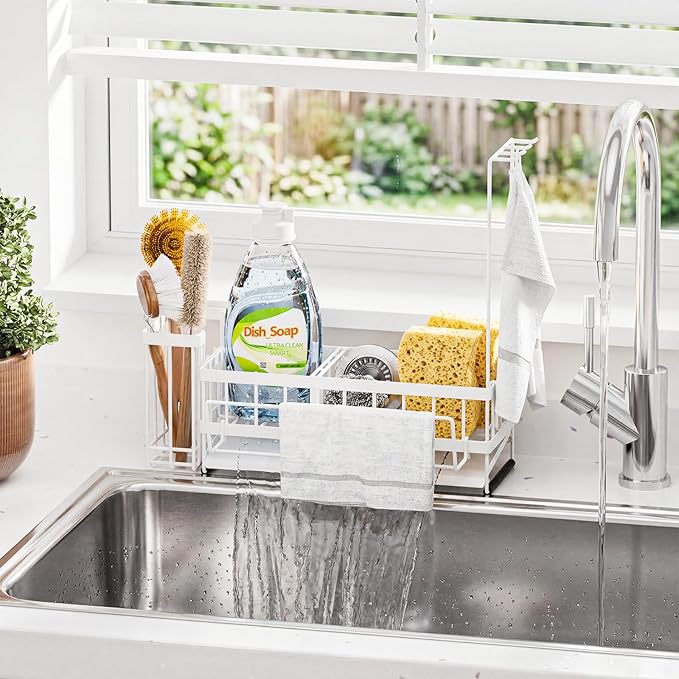 Sponge Holder for Kitchen Sink – Rustproof Stainless Steel with Detachable Drainboard, Brush Rack & Towel Bar | Compact, Non-Slip Design for Countertop Bathroom
