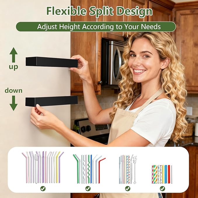 Acrylic Straw Holder for Cabinet Door - Reusable Tumbler Straw Organizer Storage, Small Kitchen Accessories Container, Ultra Sticky Cupboard Door Mounted (Black, Large 9.5" (Most Cabinets))