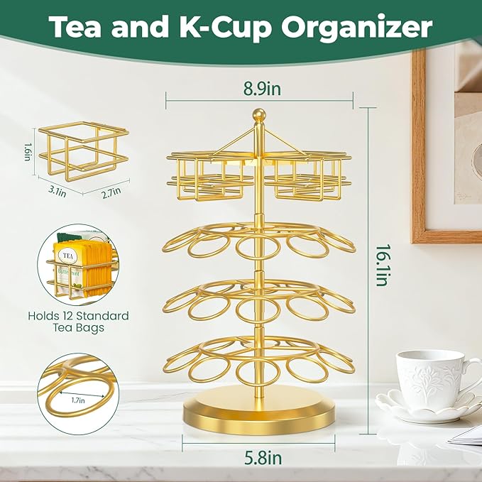 EsLuker.ly K Cup Holder Coffee Pod Organizer Carousel for Countertop, Rotatable Metal 4-Tier Storage Rack Stand for 30 K Cups & Tea Bags, Convenience Meets Elegance, Gold