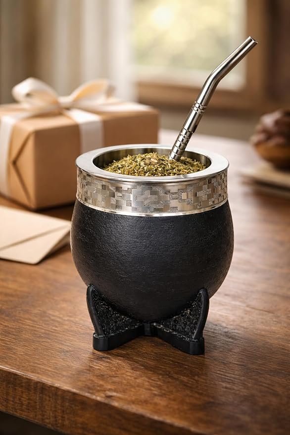 Yerba Mate Cup Set with Straw (Bombilla), Imperial Argentina-Style Mate Cup with Stainless Steel Interior, Alpaca Silver Band and Steel Rim, Handmade with Traditional Argentino Craft