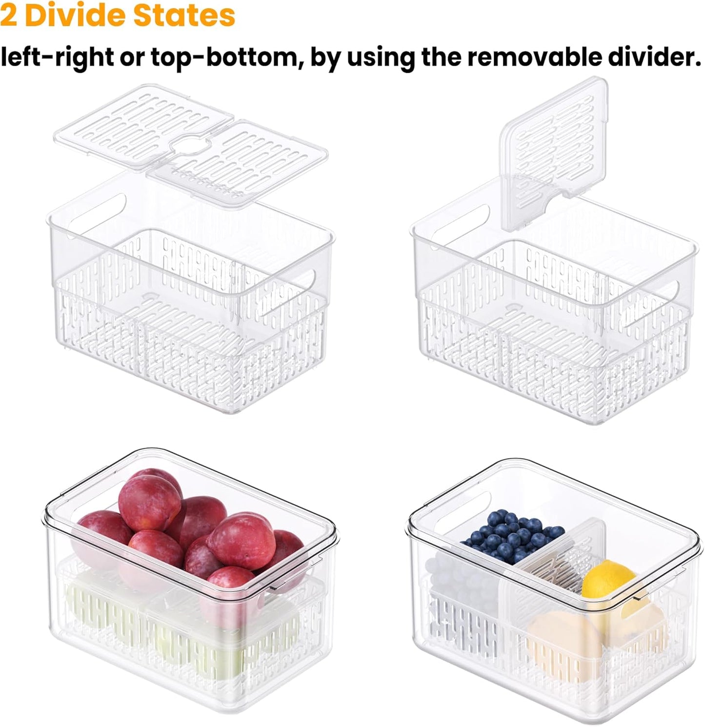 vacane Clear Fruit Containers for Fridge with Timing Knob, Produce Saver with Lids & Colanders, Dishwasher Safe Berry Containers, Keep Vegetable Food Fresh