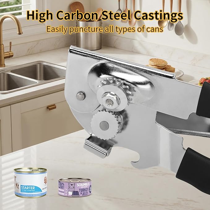 Manual Can Opener, Heavy Duty Power Can Opener with Soft Touch Handle, Sharp Blade, Smooth Edge, Can Opener with Multi-Purpose Bottle Opener, Get a Bottle Opener, Black