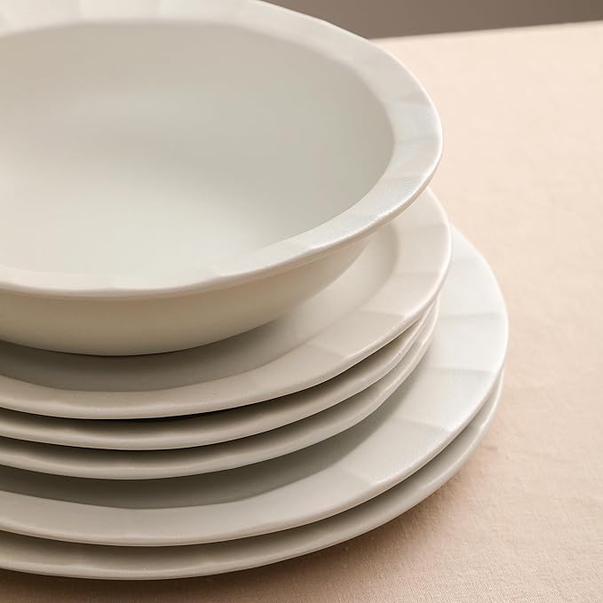 Stone Lain Oasis 12-Piece Dinnerware Set Stoneware, Dishwasher and Microwave Safe Plates and Bowls Set, Dish Set for 4, White