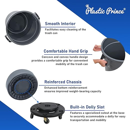 PLASTIC PRINCE 32 Gallon Round Trash Can Container with Lid Gray Plastic Commercial Garbage Bin for Home Garage Restaurants Warehouses