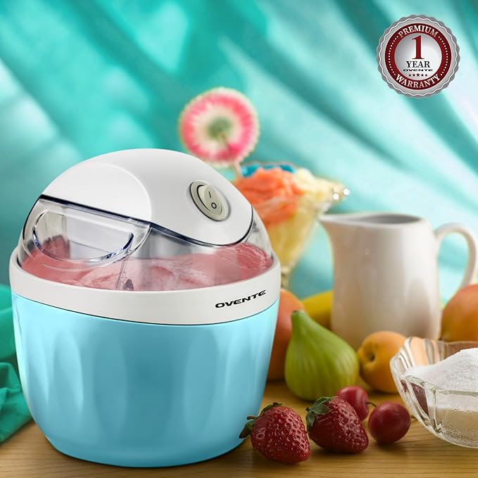 OVENTE Electric Ice Cream Maker with Easy-Lock Lid, 1QT Freezer Bowl for Healthy & Homemade Frozen Yogurt, Sorbet and Gelato, Mini Kitchen Appliance Ideal for Summer Desserts for Kids, Blue ICM110BL