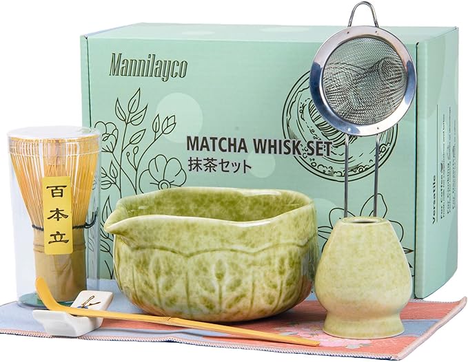Matcha Whisk Bowl Set, 7PCS All-in-One Japanese Tea Set Includes Matcha Bowl with Spout, Bamboo Whisk (Chasen) with Stand, Scoop, Sifter, Complete Kit for Ceremony, Gift for Matcha Tea Lovers(Ivory)