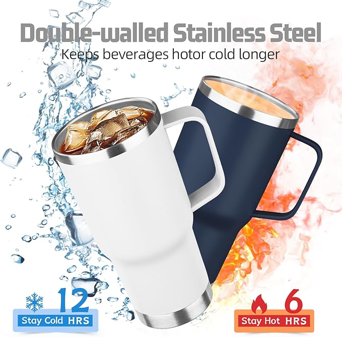 20 oz Tumbler with Handle Stainless Steel Insulated Coffee Mug Tumbler with Lid and Straw Double Wall Vacuum Insulated Coffee Mug Leak Proof Travel Mug for Hot and Cold Drink (White,4pack)