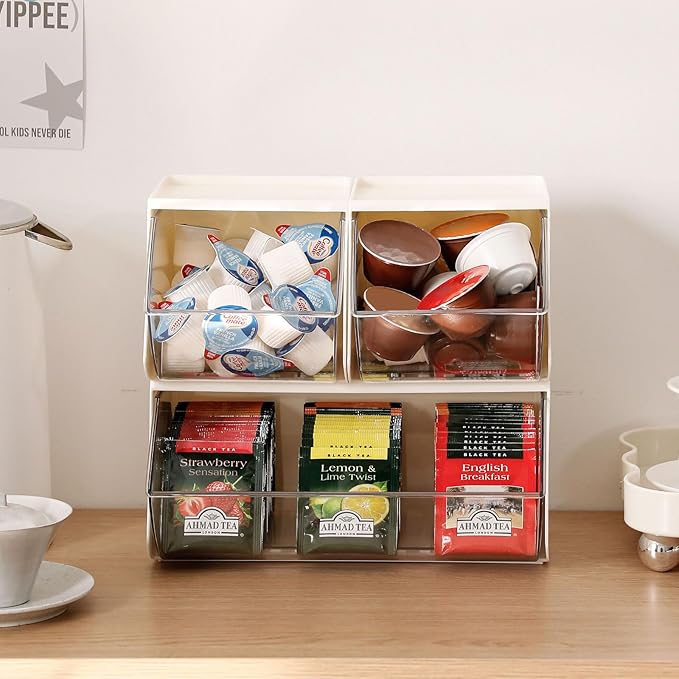 3 Pack Coffee Pod Basket for Kitchen Counter, Plastic Storage Organizer Box for Office Desk, Large Tea Bags Holder ( Cream / Clear )