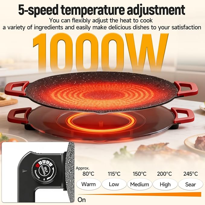 Low-Smoke Electric Grill Pan Indoor Nonstick Griddle 800W/1000W 5 Heat Settings with Random 4-Piece Accessories Easy to Clean