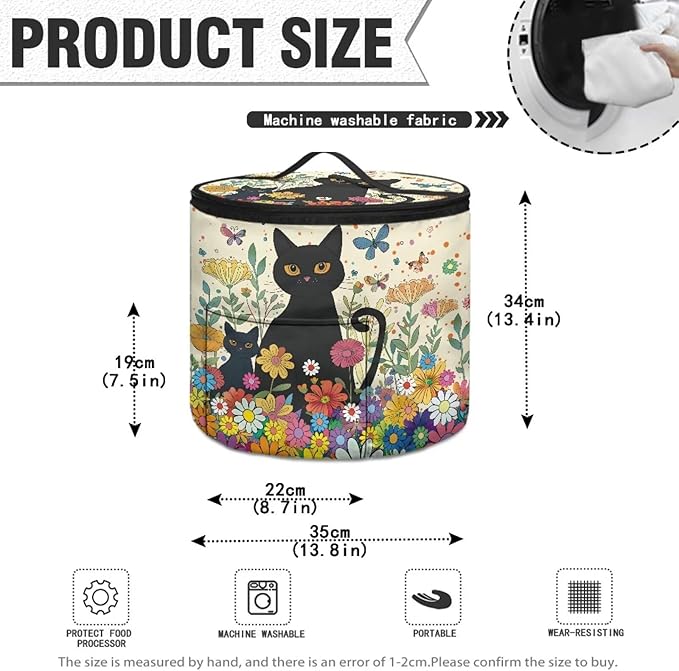 Black Cat Electric Pressure Cooker Insulation Bag Hippie Flower Insulation Electric Cooker Storage Handbag for Housewarming