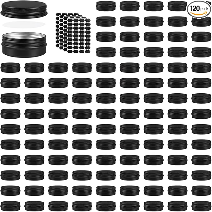 120 Pack 0.5 oz Aluminum Tin Jars with Screw Lids - Food Grade Round Metal Containers for Lip Balm, Salves, Spices & Crafts - Leak Proof Travel Cosmetic Sample Tins with Labels (15ml Black)