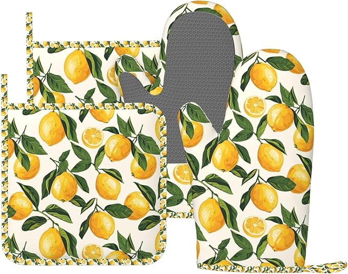 Oven Mitts and Pot Holders Set, Lemon Fruit Watercolor Silicone Kitchen Accessories 4 Piece Heat Resistant Long Gloves Potholder Non-Slip Grip for Chef Cooking Baking Grilling BBQ