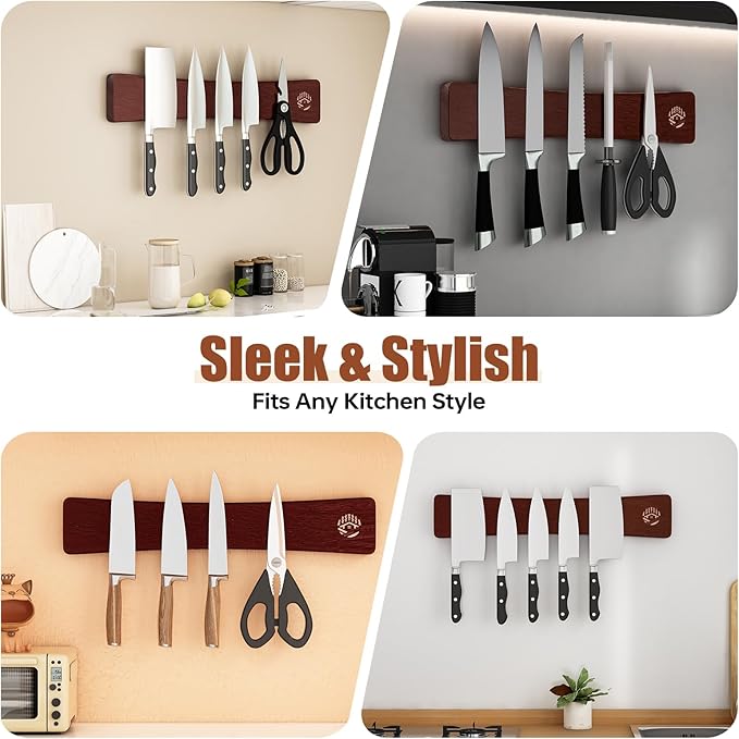 Magnetic Knife Strip, 16 Inch Oak Magnetic Knife Holder for Wall with N52 Strong Magnets, Premium Wooden Knife Magnetic Strip Organizer for Kitchen Knives, Tools ,No Drilling（Black Walnut）