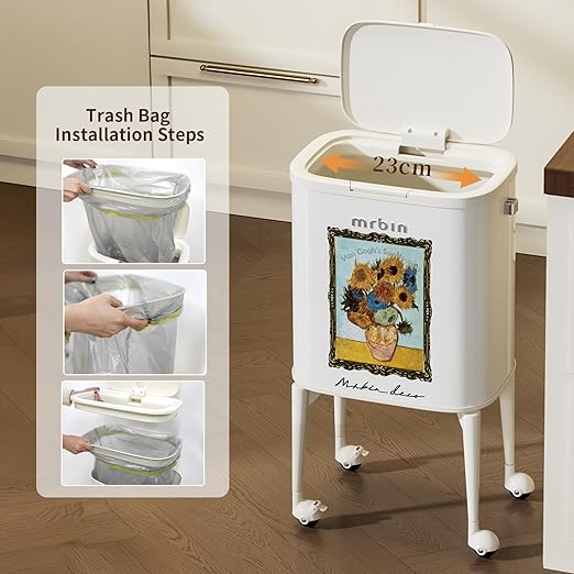 MRBIN 23L Art Decor Trash Can with Wheels, Press-to-Open Lid, Tall Standing Garbage Bin with Lockable Casters, Metal Waste Basket for Kitchen, Living Room, Bedroom, Cream White