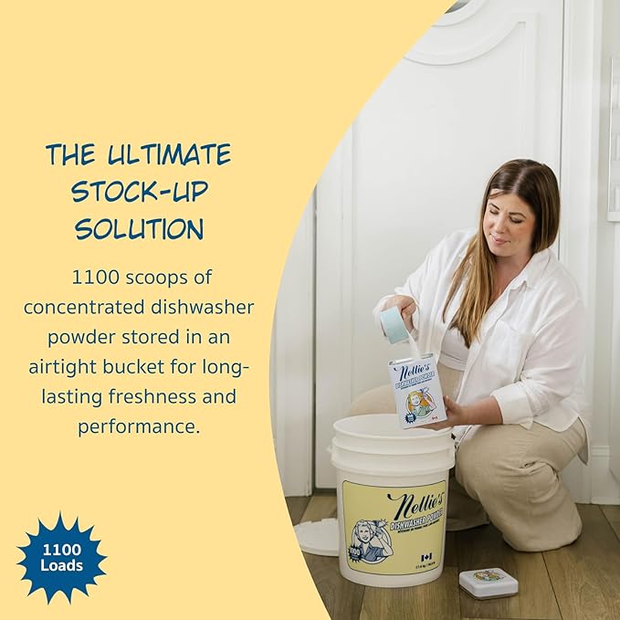 Nellie's Dishwasher Powder - Superior Grease Penetration, Powerful Plant-Based Formula, Safe for Septic Systems, Advanced Food Particle Dislodging, Eco-Conscious Cleaning - 1,100 Scoop Bulk Bucket