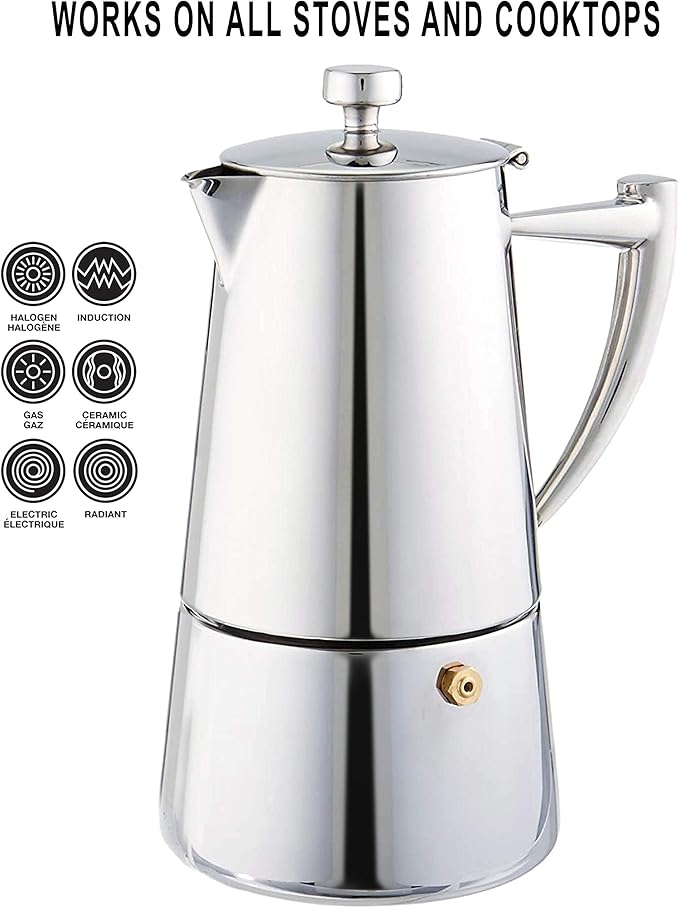 Cuisinox Roma Stovetop Espresso Maker COF-4R, Stainless Steel Coffee Percolator Stovetop, Heat-Resistant & Non-Reactive, 4-Cup Italian Espresso Maker Easy to Clean, Durable Stove Top Percolator