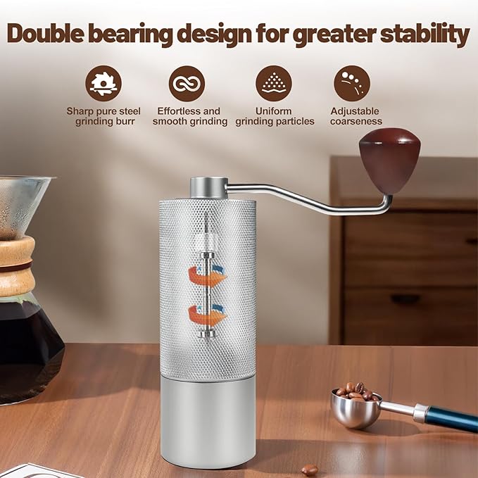 Manual Coffee Grinder Gift Box Non-Detachable Stainless Steel Conical Burr Aluminum Coffee Bean Grinder with 25 Grinding Settings Cleaning Brush Grindable Espresso Moka Pot for Camping Silver