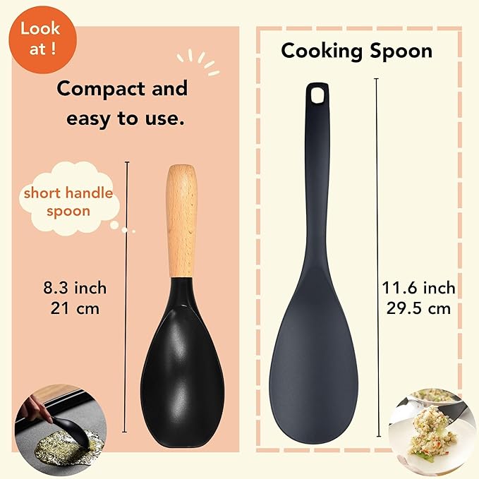 Seki Japan Stylish Kitchen Tool, Flexible Non Stick Heat Resistant Nylon Cooking Spoon, Wooden Handle Basting Spoon for Soup, Salad, Stirring, Mixing