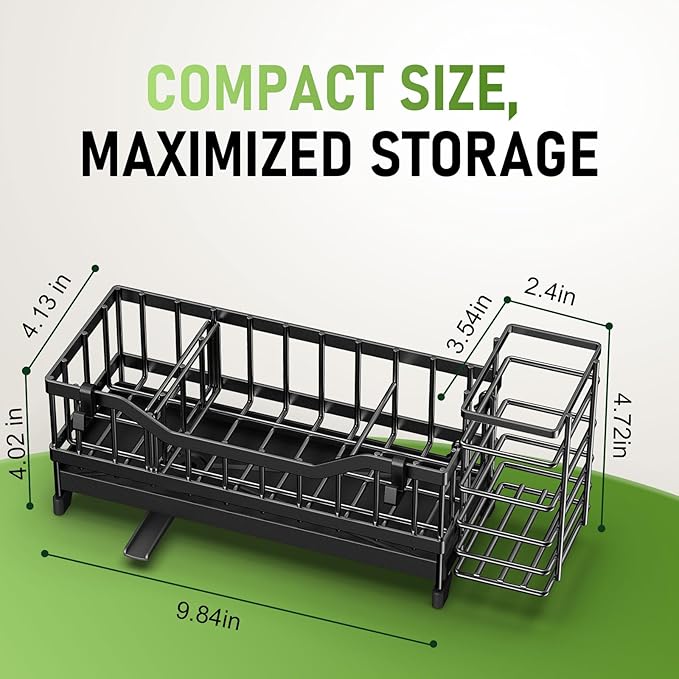 Sponge Holder for Kitchen Sink, Kitchen Sink Caddy with Long-Handled Dish Brushes Holder, 304 Rustproof Stainless Steel Countertop Organizers and Storage, Home Kitchen Sink Accessories (Black)