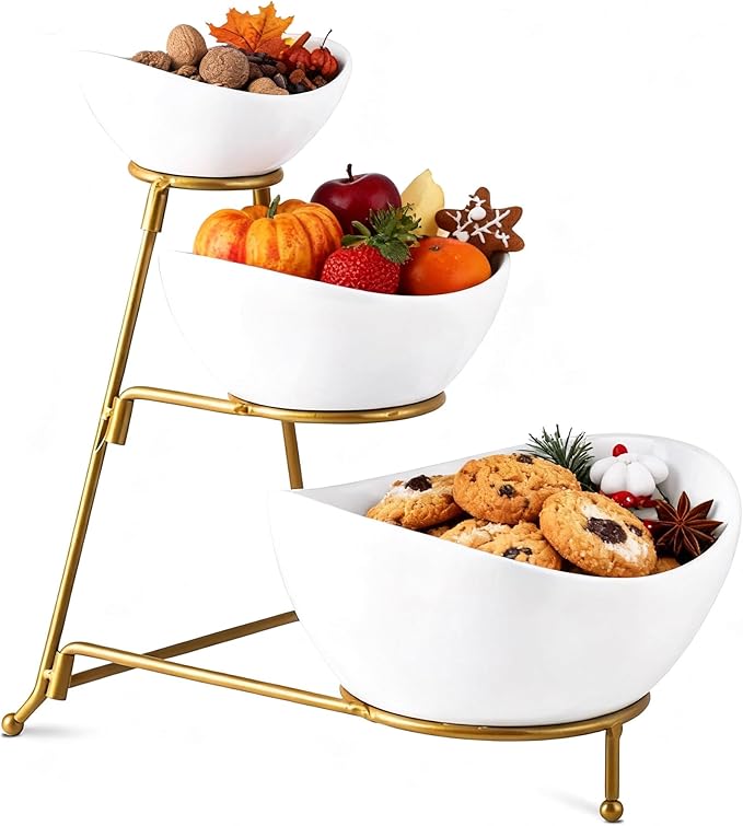 Gomakren 3 Tiered Oval Serving Bowl with Collapsible Metal Rack, Chip and Dip Serving Set, Dessert Appetizer Bowl Set (45oz / 17.5oz / 7oz), White Serving Bowls For Entertaining (Gold Stand)