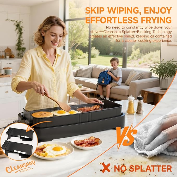 Cleansnap Everyday Electric Griddle, 20” Nonstick Grill with Foldable Anti-Mess Shield, 1700W Fast Heating, ILAG Ultimate Coating, Dishwasher-Safe Removable Plate, Midnight Black