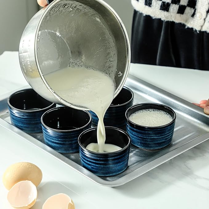 Glowworm Ceramic 4 Oz Ramekins, Dipping Sauce Bowls Set of 6, Creme Brulee Dish for Baking Pudding, Souffle, Serving Dip, Custard, Ice Cream, Oven Safe, Blue