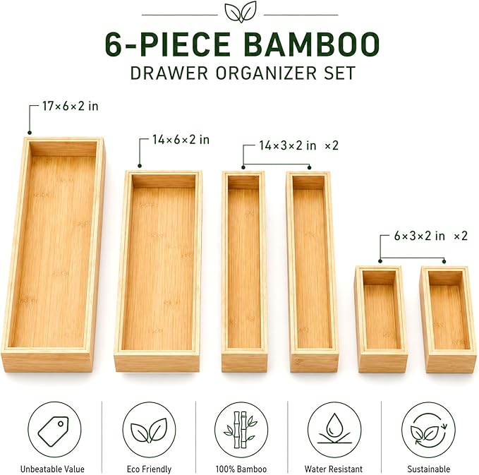 Bamboo Kitchen Drawer Organizer for Utensils, Set of 6 Stackable Silverware Tray for Drawer, Multi-Use Storage Bamboo Trays for Utensil Holde, Office, Makeup, Jewelry, Bathroom