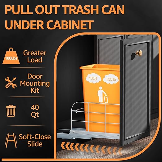 Pull Out Trash Can Under Cabinet with Soft-Close Slides,Heavy Duty 40 Qt Under Sink Trash Can for Kitchen,Garbage Can Not Included, Requires Minimum Cabinets Opening 12" W X 17" D