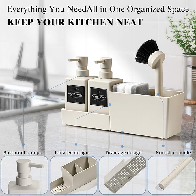 Kitchen Soap Dispenser Set with Sponge Holder and Brush for Sink Rack Hand Soap and Dish Soap Dispensers Beige 4-in-1