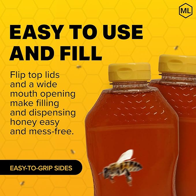 Mann Lake Refillable Hourglass Honey Jars | 2.5 lb Plastic Containers with Yellow Flip-Top Lids | Empty Bottles for Honey Storage & Dispensing | 12-Pack (Honey Not Included)