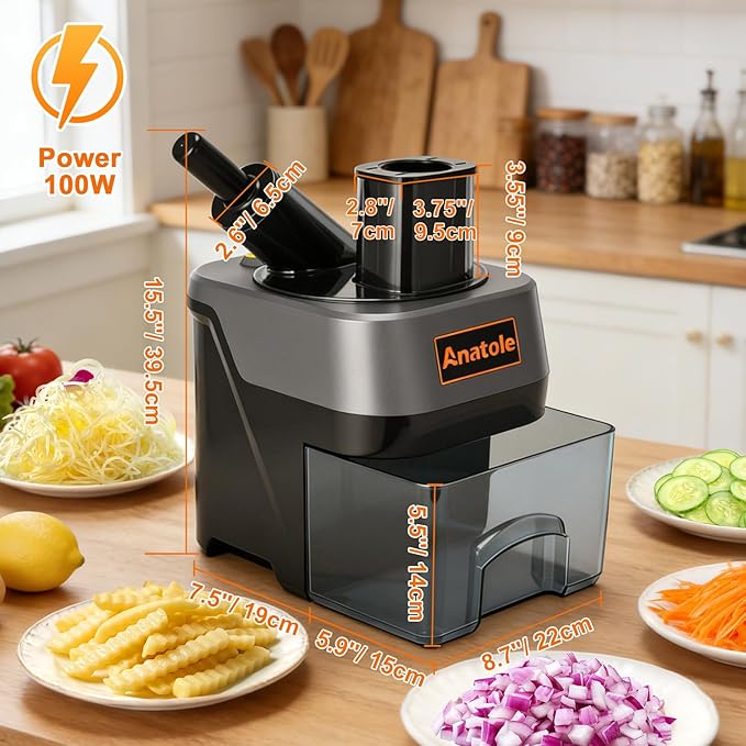 Anatole 6-In-1 Electric Commercial Food Processor Multifunctional Vegetable Chopper Dicer Slicer Shredder Crinkle Cutter Automatic Discharge 2 Food Inlets With Container for Potato Onion 100W 110V