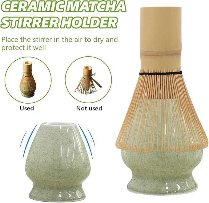 Matcha Whisk Set, 17oz Ceramic Bowl with Spout, Bamboo Matcha Scoop and Stainless Sifter - 5 Pcs Jade Green Matcha Kit, Matcha Kit for Making Breakfast/Latte,Gift for Matcha Lovers