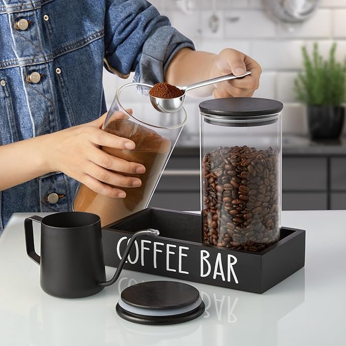 Glass Coffee Canister for Ground Coffee - 2Pcs 45oz Coffee and Sugar Container Set with Airtight Bamboo Lids and Black Tray - Farmhouse Coffee Bean Storage Jars for Coffee Bar Decor and Accessories